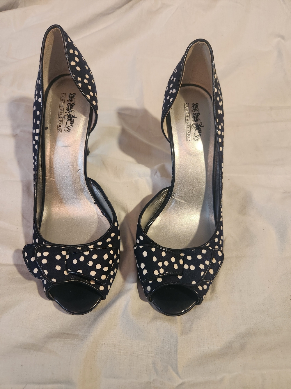 Coach and Four Navy and White Polka Dot Peep-Toe Heels